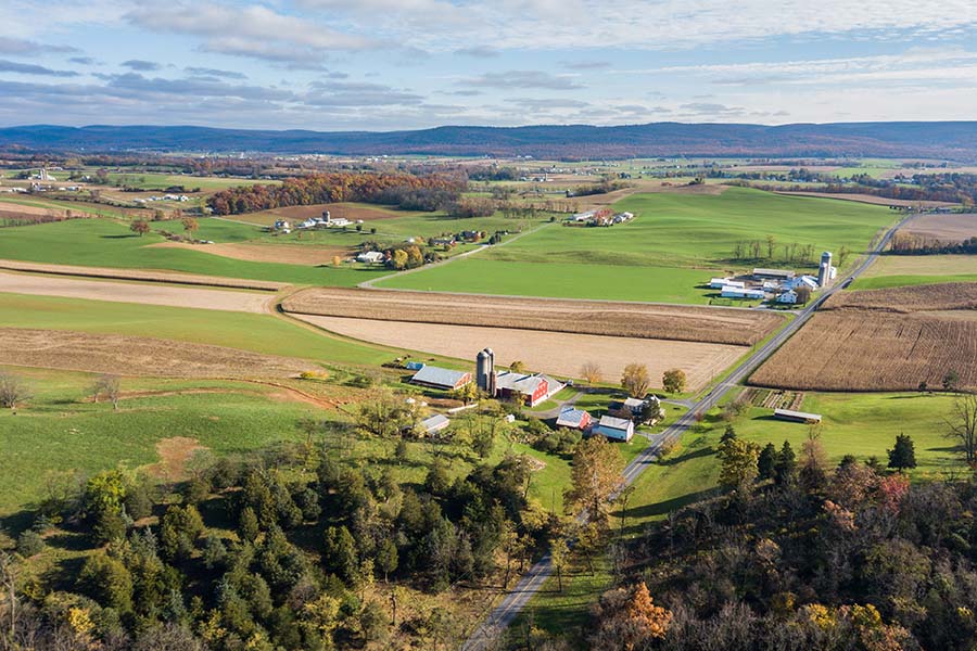 Cochranton PA - Aerial View of Farmland During the Fall Season Surrounding the Town of Cochranton Pennsylvania